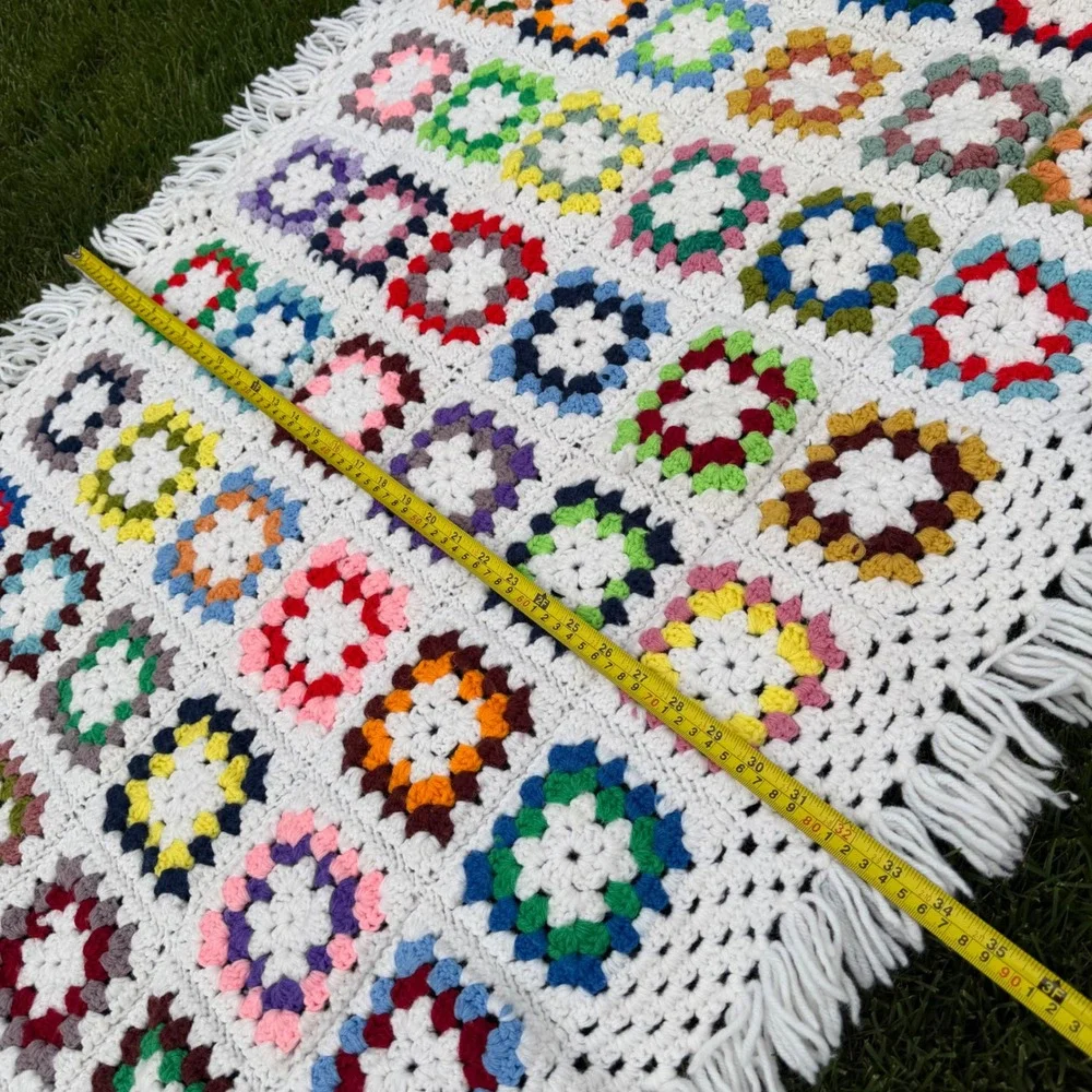 A+ Vintage Handmade Crochet Granny Square Throw Blanket Multi-Color Fringe Boho